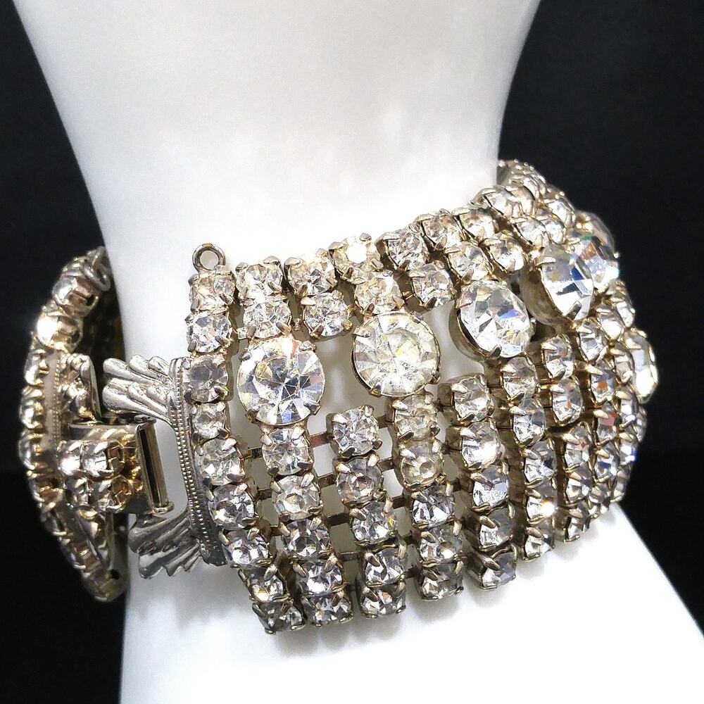 Vintage 1950s Wide Clear Rhinestone Bracelet Gold Plated Unsigned Weiss Style